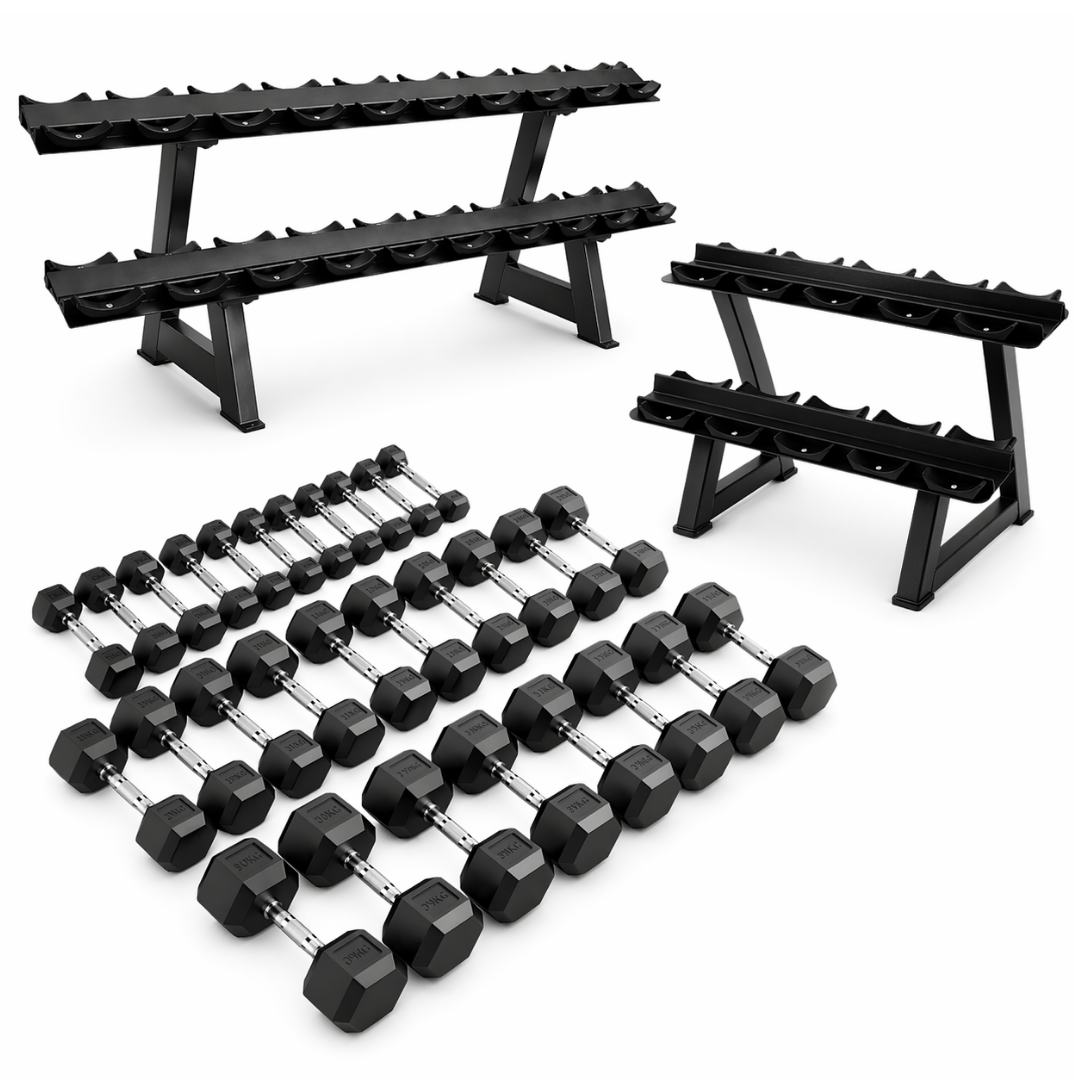 Hexa-Kurzhantel-Set – 2 bis 30 kg mit 2-stöckigem Rack