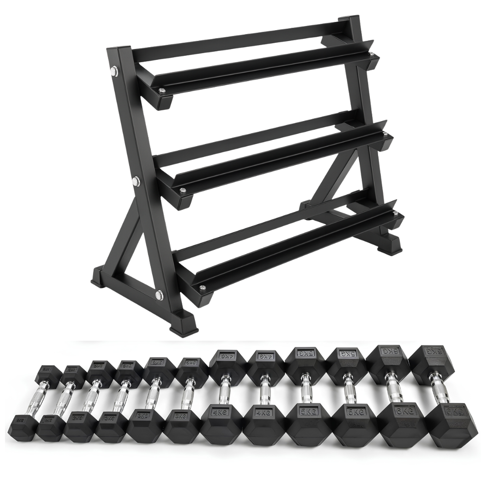 Sada hexagonálních činek - 2,5 až 15KG se stojanem na činky