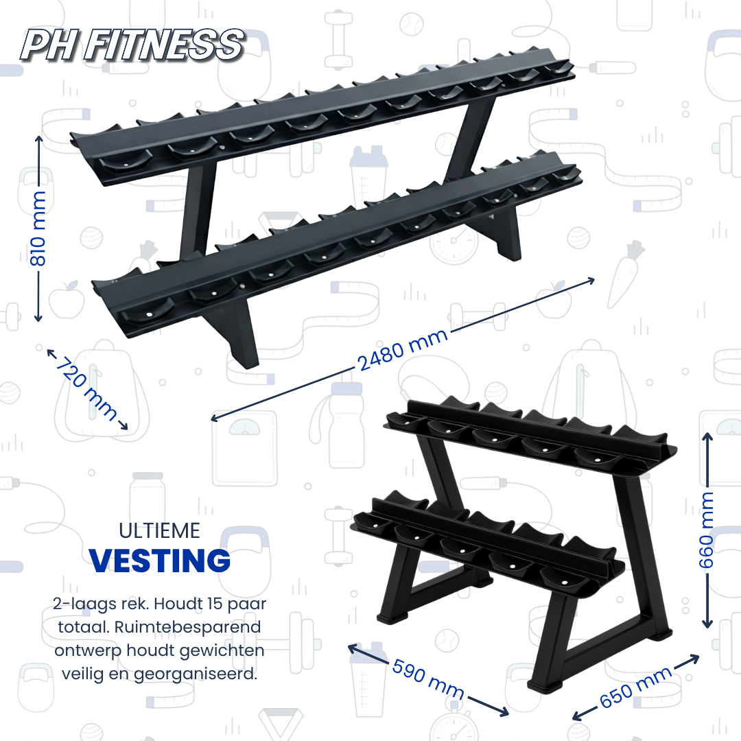 Hexa-Kurzhantel-Set – 2 bis 30 kg mit 2-stöckigem Rack