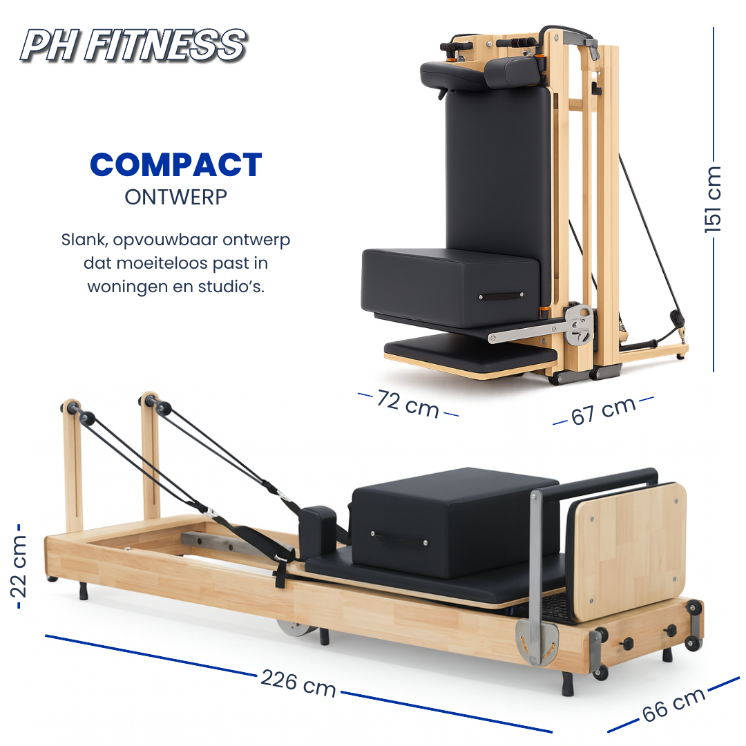 PH Fitness houten Pilates Reformer in opgevouwen en uitgeklapte stand