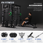 Zittend roeien op de PH Fitness K1S met overzicht van beschikbare accessoires
