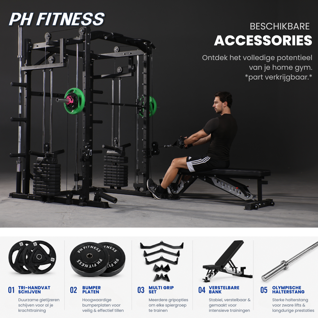 Zittend roeien op de PH Fitness K1S met overzicht van beschikbare accessoires
