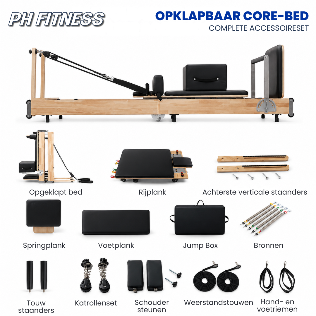 PH Fitness opvouwbare houten Pilates Reformer met complete accessoireset