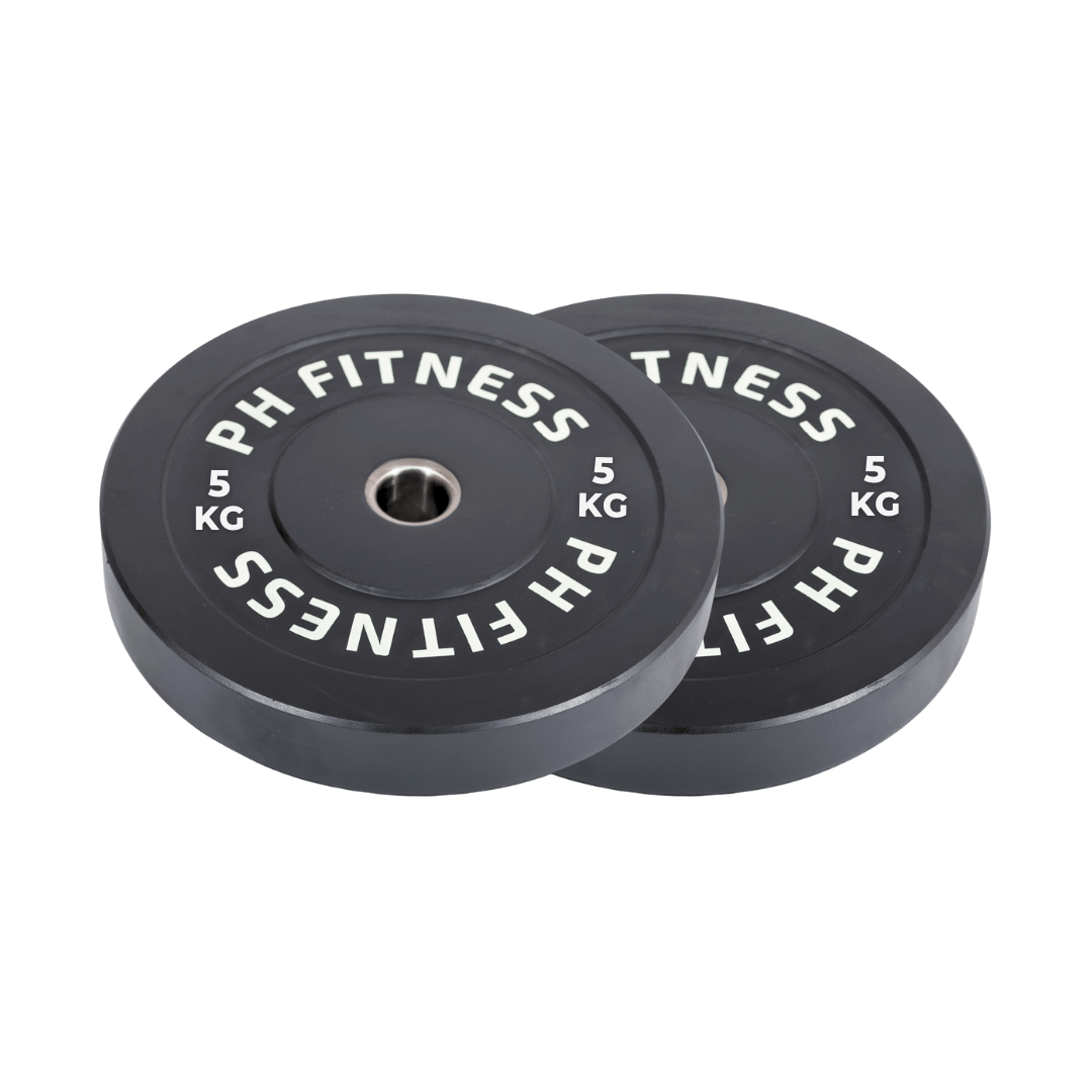 Twee PH Fitness olympische bumper plates van 5 kg op witte achtergrond
