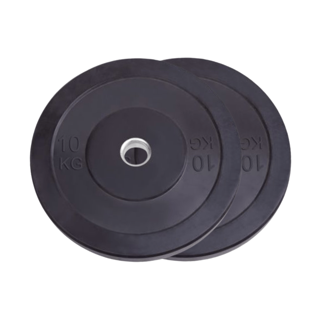 Twee zwarte PH Fitness bumper plates van 10 kg met metalen 50 mm opening op witte achtergrond
