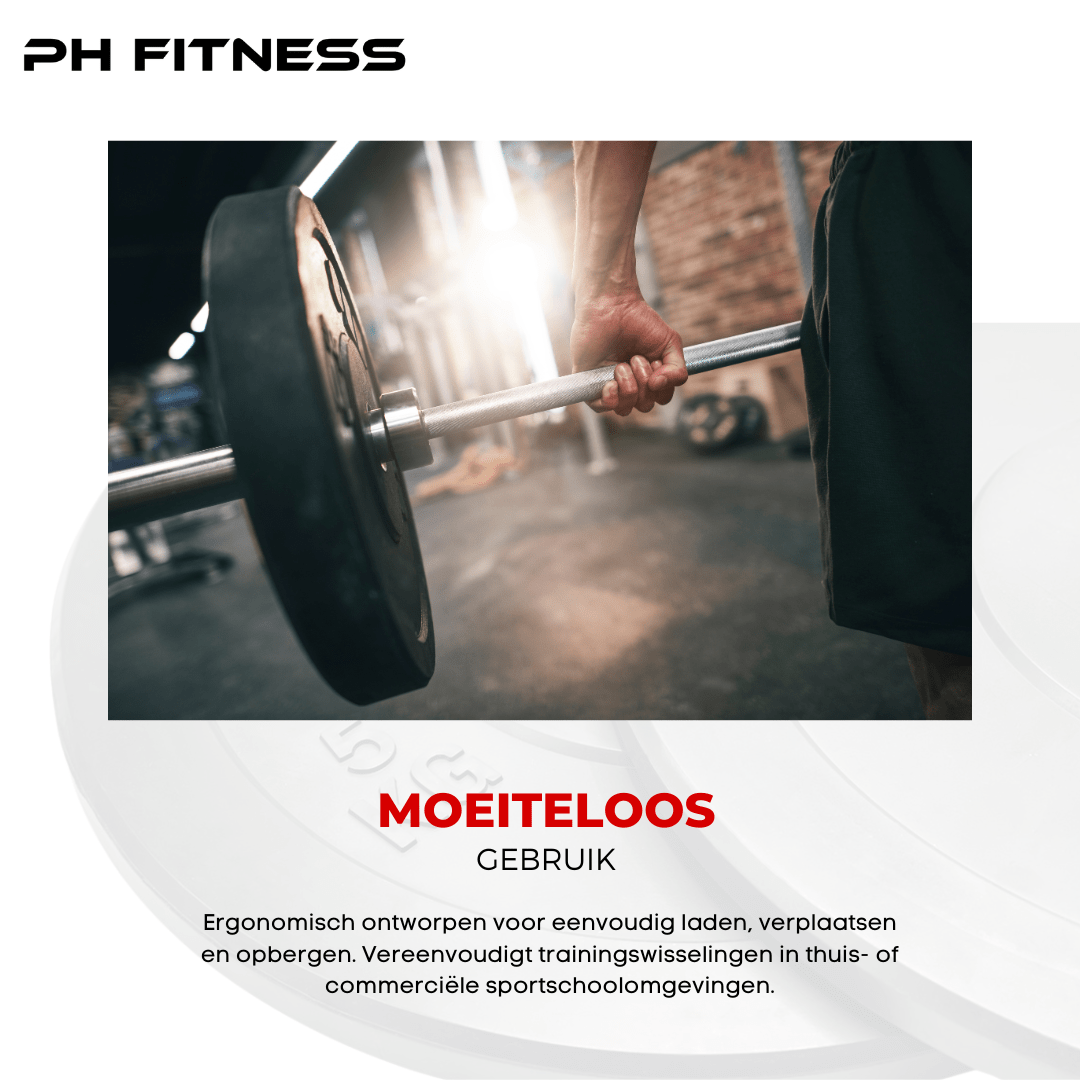 Atleet houdt een halterstang met zwarte bumper plate vast in een sportschool