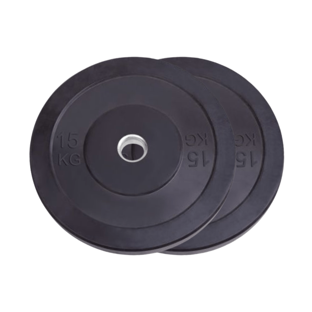 Twee zwarte PH Fitness bumper plates van 15 kg met metalen 50 mm opening op witte achtergrond