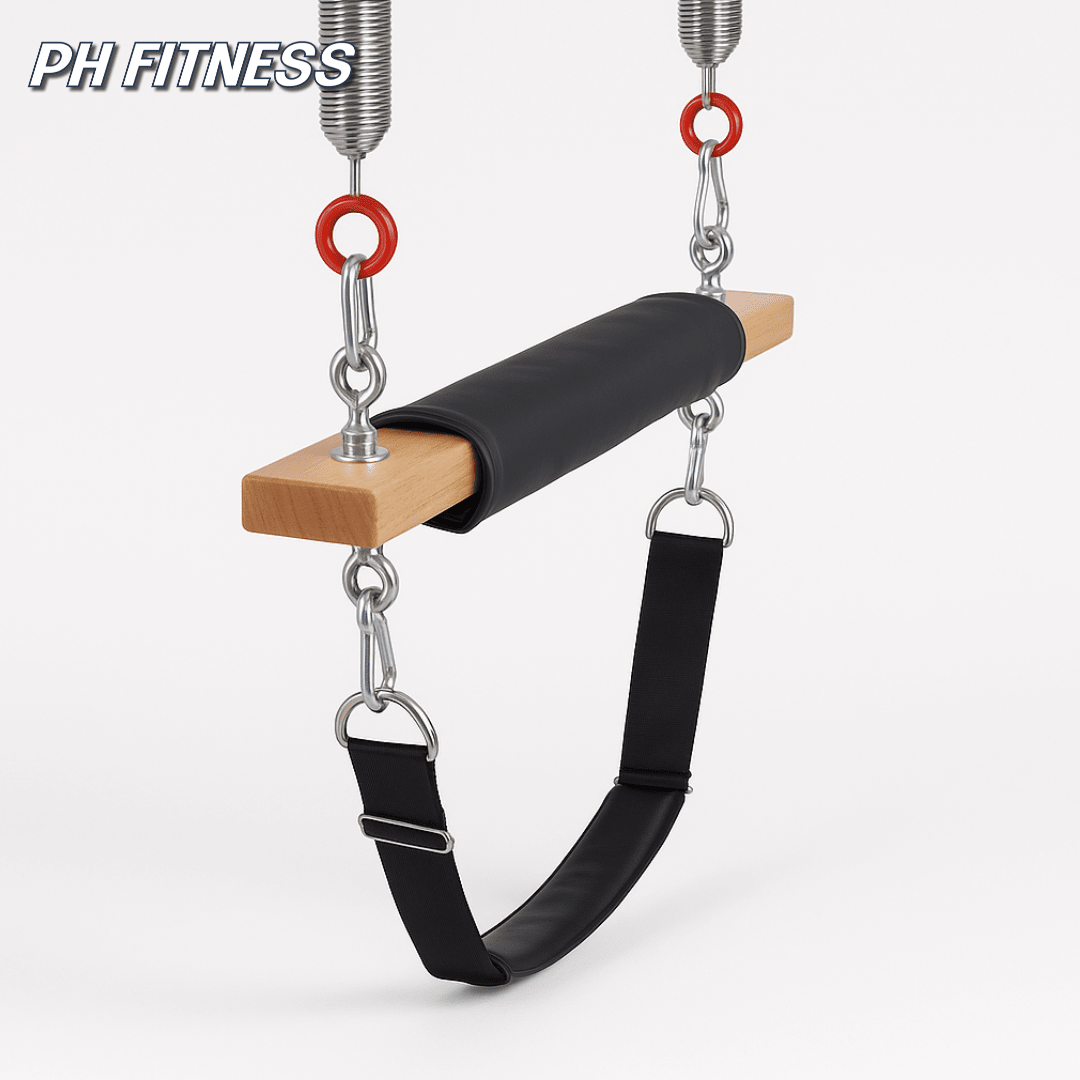 Beklede houten trapezestang met veren en hangende banden van de PH Fitness Cadillac Tower