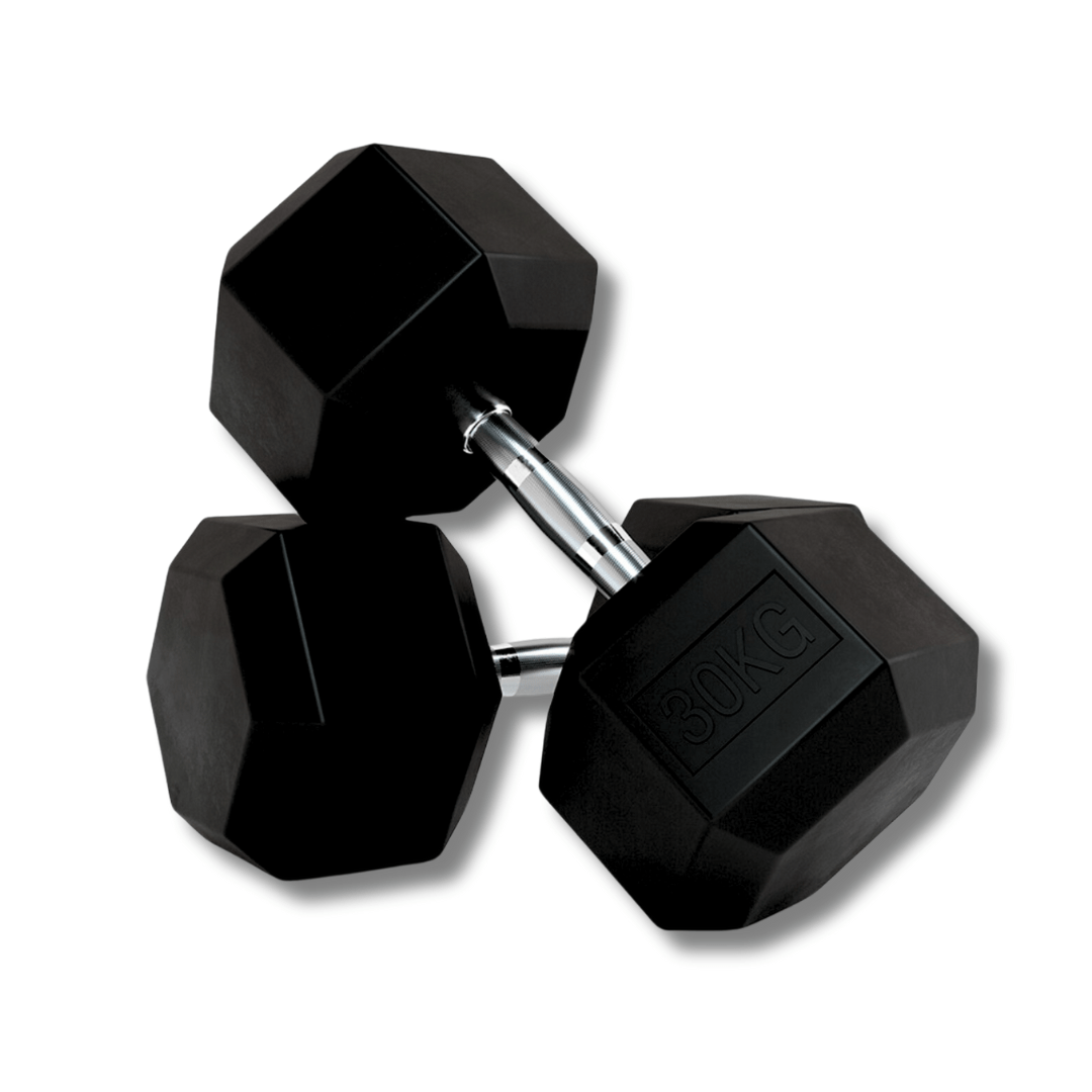 PH Fitness Hexa dumbbell 30 kg – zwarte rubberen koppen en chromen handgreep