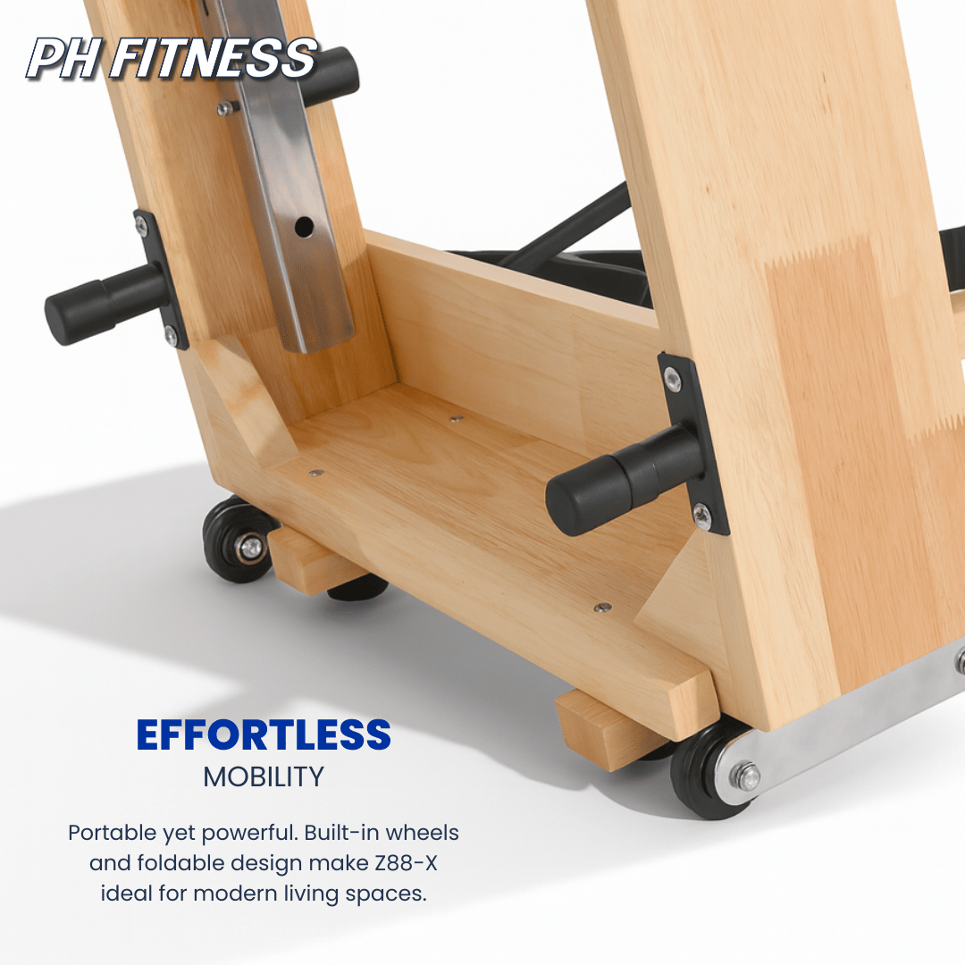 Transportwielen en houten frame van de opvouwbare PH Fitness Pilates Reformer