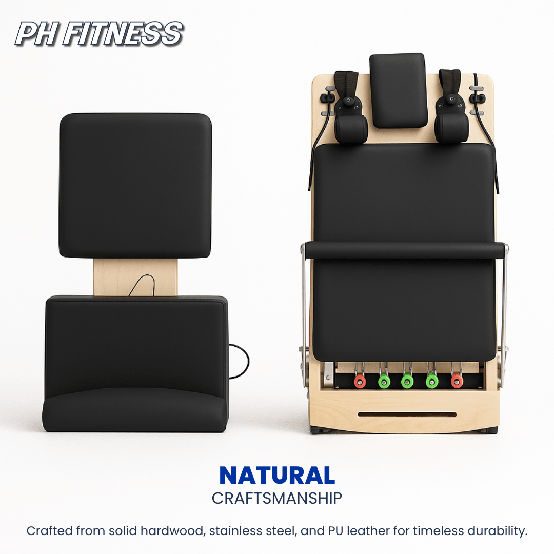 Bovenaanzicht van de houten PH Fitness Pilates Reformer met zwarte bekleding en veren