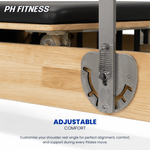Verstelmechanisme bij de schoudersteunen van de houten PH Fitness Pilates Reformer