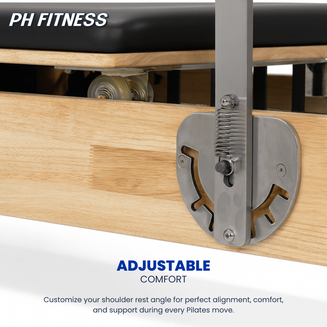 Verstelmechanisme bij de schoudersteunen van de houten PH Fitness Pilates Reformer