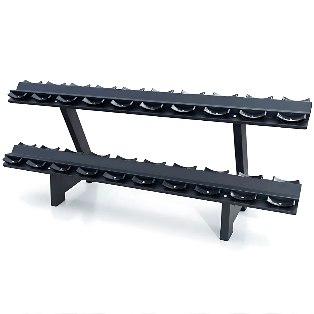 Heavy-duty 10-pair two-tier dumbbell storage rack with individual saddle cradles in matte black finish.