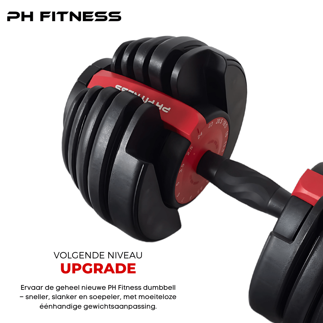 Close-up van een rode PH Fitness Premium verstelbare dumbbell van 24 kg