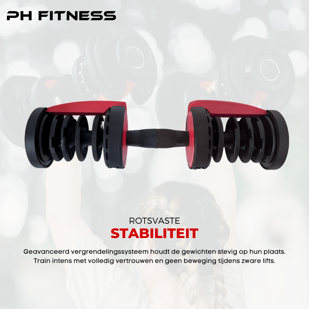 Rode PH Fitness Premium verstelbare dumbbell liggend op een vlakke ondergrond