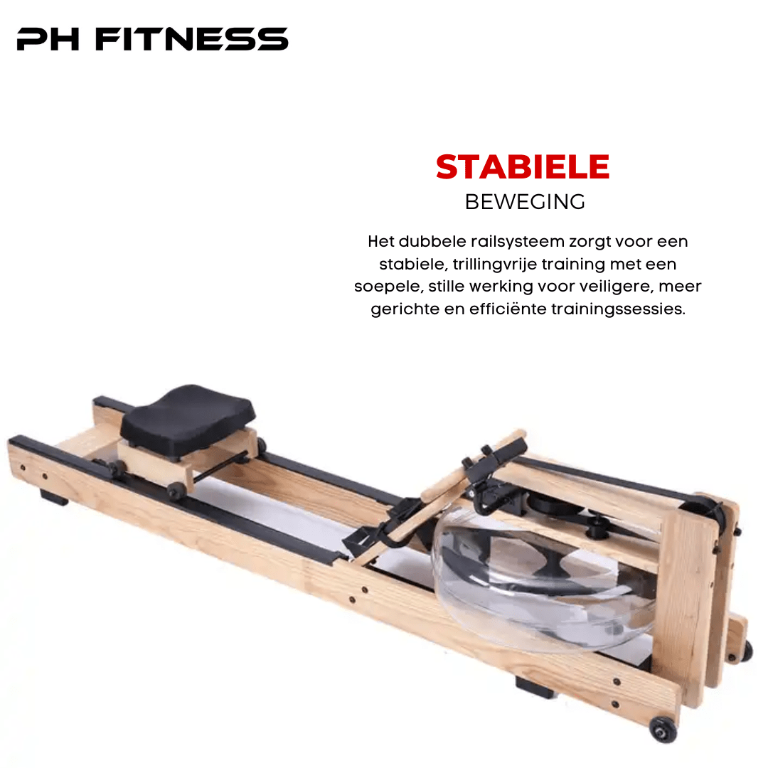 Zijaanzicht van de PH Fitness houten Water Rower met dubbele rails