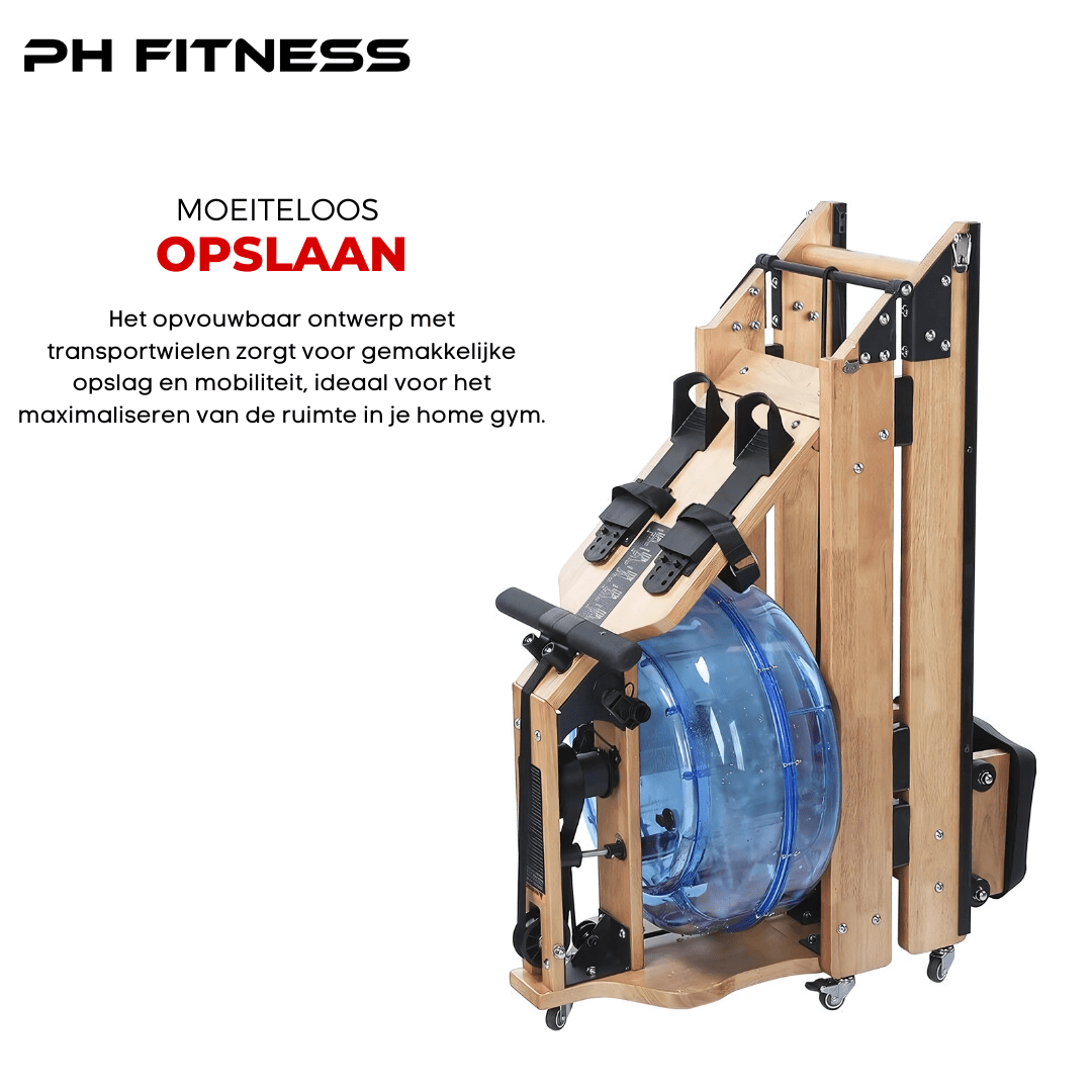 Rechtop opgeborgen PH Fitness houten Water Rower met transportwielen