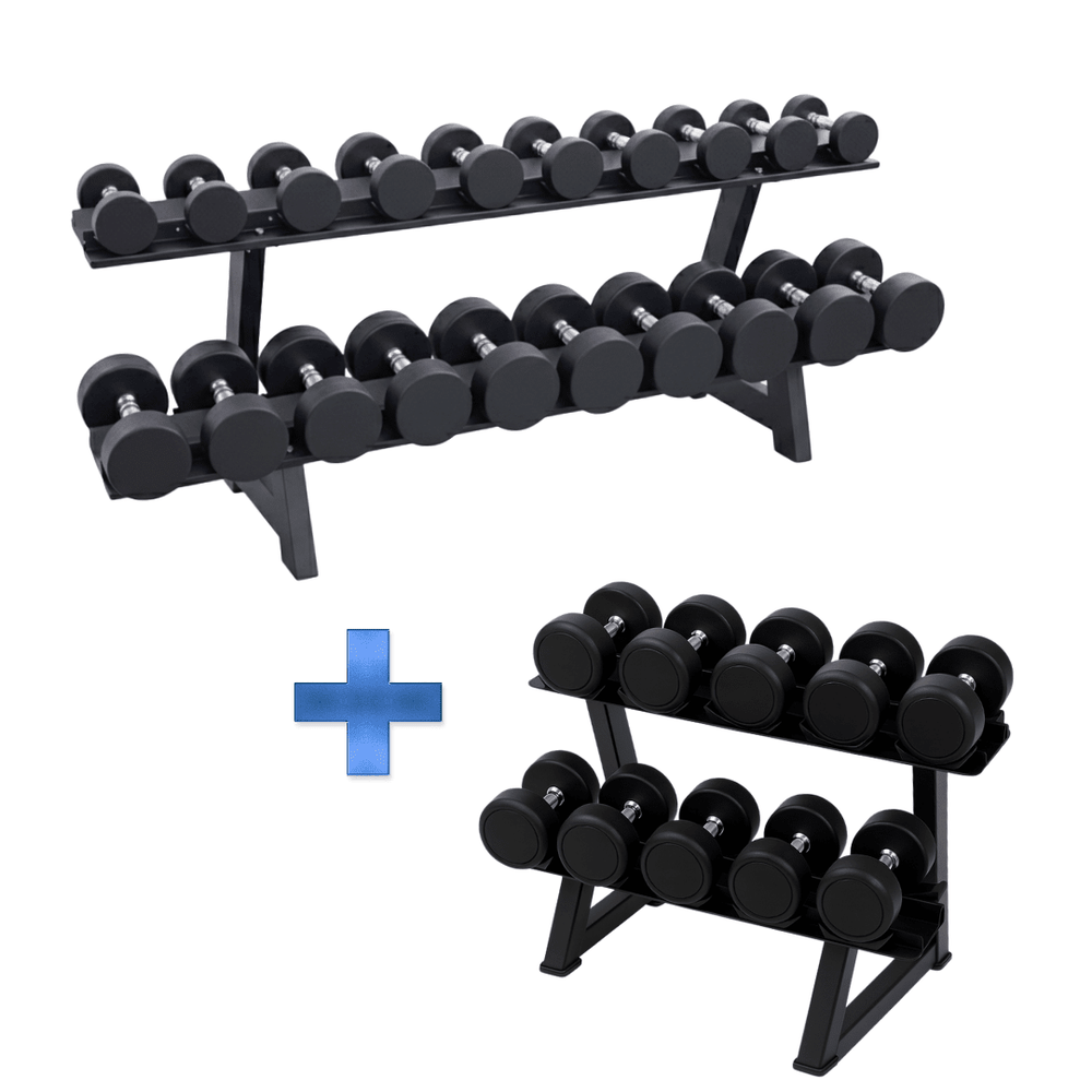 Overzicht van ronde PU dumbbells 2–30 kg verdeeld over twee zwarte twee-laags rekken