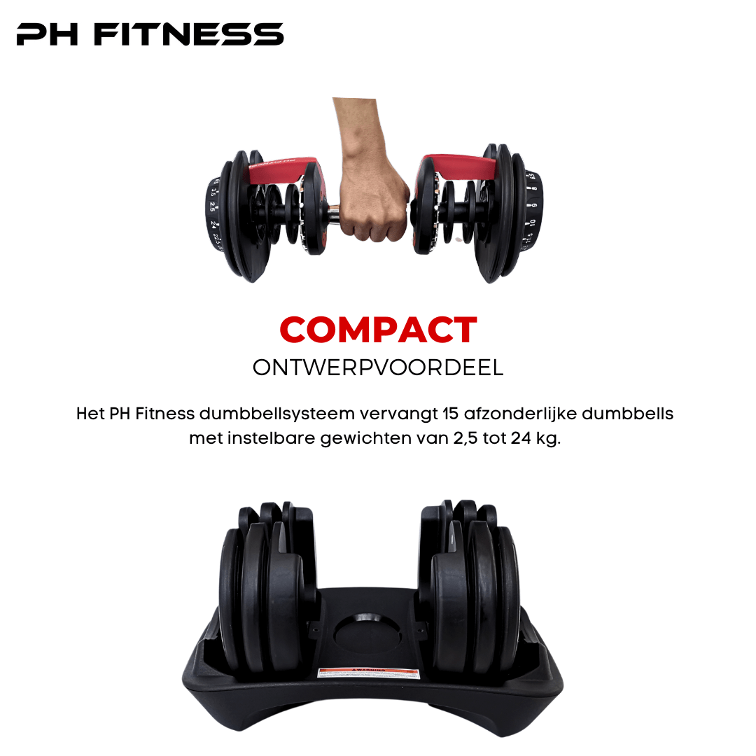 Sporter draagt twee PH Fitness Smart Series dumbbells naast de opbergbases
