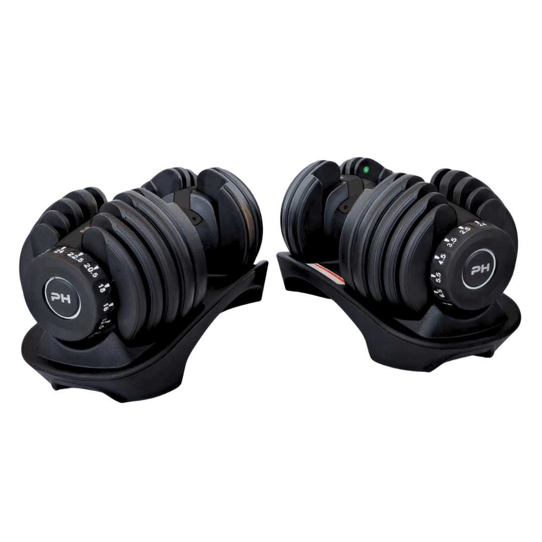 Zwarte PH Fitness Smart Series verstelbare dumbbells in hun opbergbases